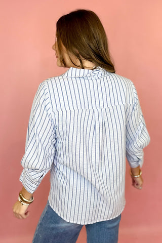 blue striped button down top oversized casual 