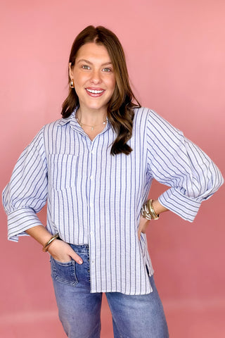 blue striped button down top oversized casual 