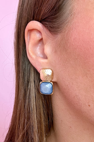 Light Blue Bold Square Stone Textured Earrings