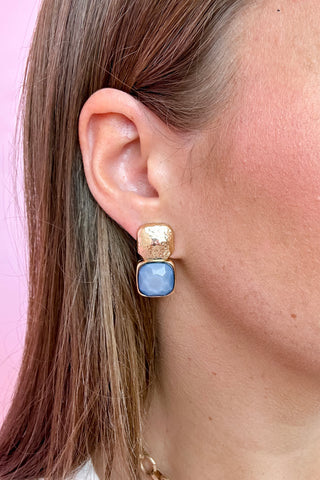 Light Blue Bold Square Stone Textured Earrings