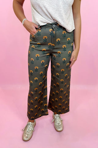 Young Heart Floral Wide Leg Pants - Olive