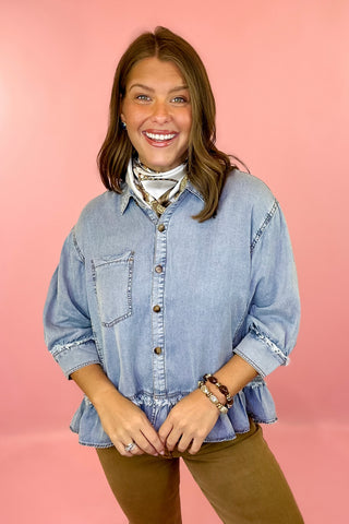 Written In Time Ruffle Hem Tencel Denim Top