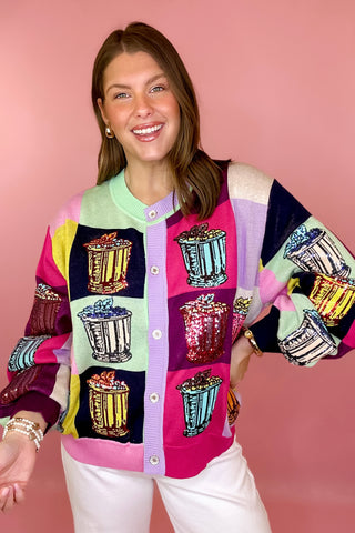 Queen Of Sparkles: Multi Colorblock Mint Julep Button Up Sweater