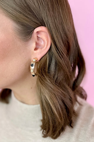 Ball & Faceted Stone Station Hoop Earrings - Black