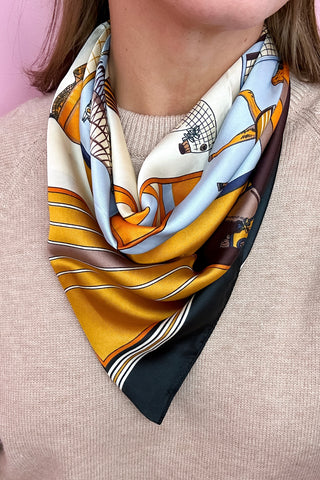 Multi Equestrian Silky Scarf - Blue/Toffee