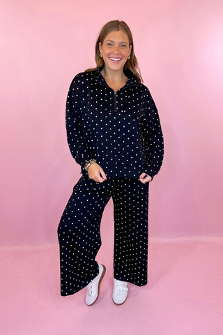 Polka Dot Half Zip Pullover & Wide Leg Pant Scuba Knit Set - Black