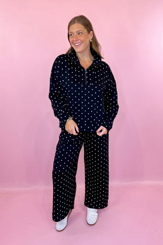 Polka Dot Half Zip Pullover & Wide Leg Pant Scuba Knit Set - Black