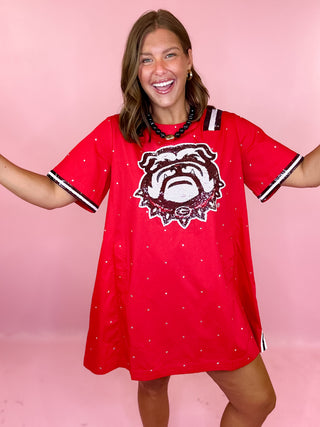 Queen Of Sparkles: Licensed UGA Cotton Scattered Jewel Sequin Mascot Jersey Short Sleeve Dress