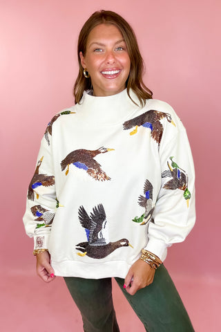 Queen Of Sparkles: Flying Ducks Mock Neck Sweatshirt - Ivory