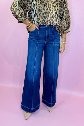 Margot Wide Leg Pintuck Denim Pants - Dark Wash