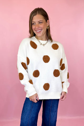 Oversized Textured Polka Dot Knit Sweater - Ivory/Brown