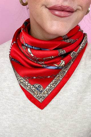 Horsebit Chain & Tassel Print Silky Scarf - Red