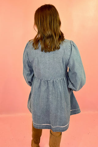 On The Move Embroidered Denim Mini Dress