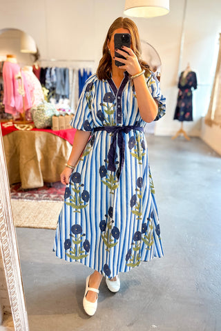 blue stripe floral midi dress
