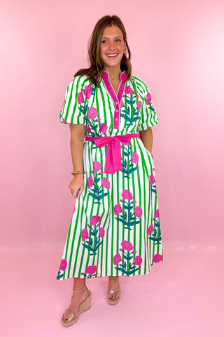 Stripe Floral Midi Dress Green