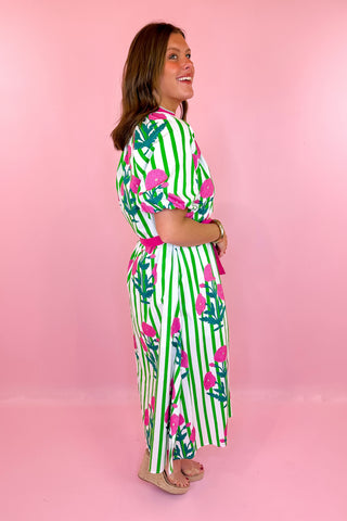 Stripe Floral Midi Dress Green
