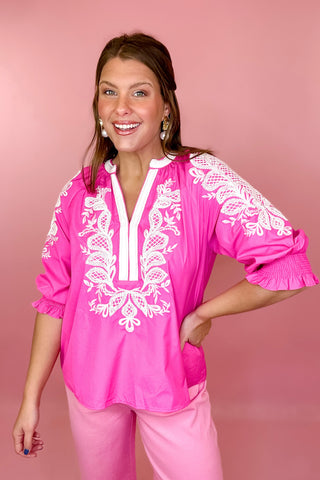 Calling For You Embroidered Top Pink