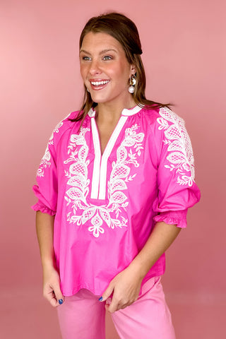 Calling For You Embroidered Top Pink