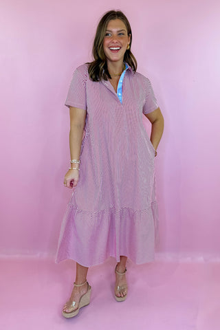 Caryn Lawn Maddie Striped Midi Dress Red