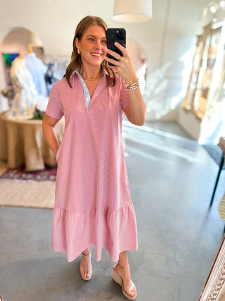 Caryn Lawn Maddie Striped Midi Dress Red