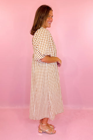 Catch The Vibe Gingham Midi Dress Brown