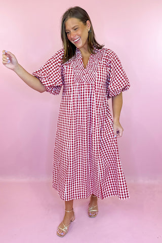 Catch The Vibe Gingham Midi Dress Crimson