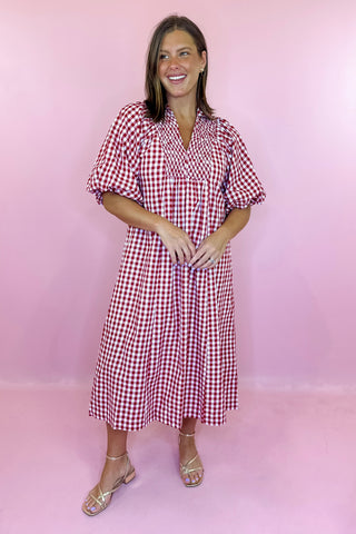 Catch The Vibe Gingham Midi Dress Crimson