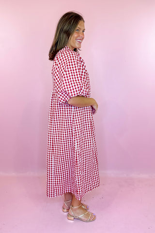 Catch The Vibe Gingham Midi Dress Crimson