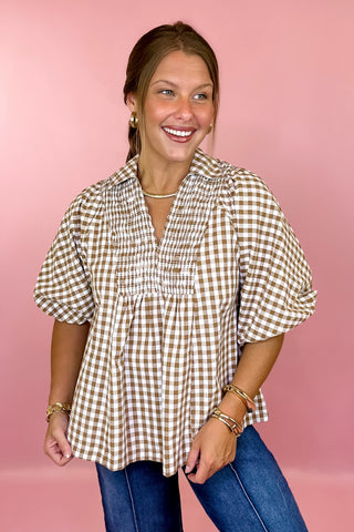 Catch The Vibe Gingham Top Brown