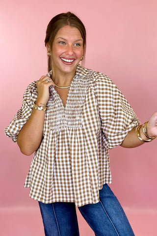 Catch The Vibe Gingham Top Brown