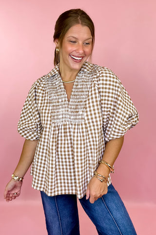 Catch The Vibe Gingham Top Brown
