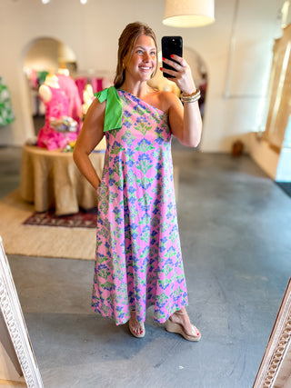 Floral One Shoulder Midi Dress Pink