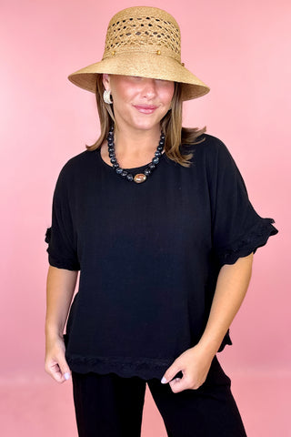 Chill Day Frayed Linen Top Black