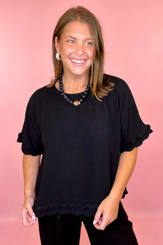 Chill Day Frayed Linen Top Black