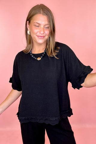 Chill Day Frayed Linen Top Black