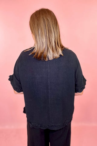 Chill Day Frayed Linen Top Black