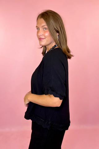Chill Day Frayed Linen Top Black