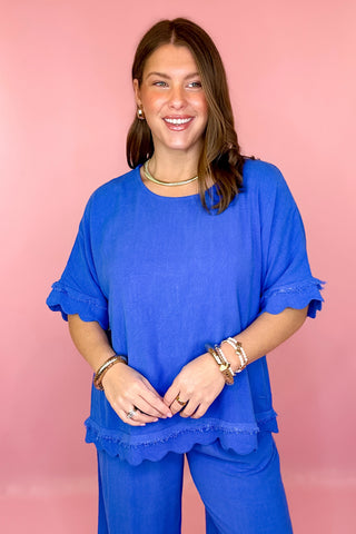 Frayed Linen Top Cerulean Blue