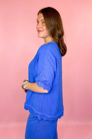 Frayed Linen Top Cerulean Blue