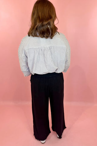 black pull on linen wide leg crop pant