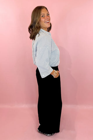black pull on linen wide leg crop pant