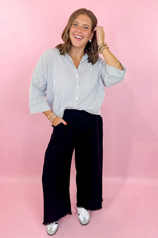 black pull on linen wide leg crop pant