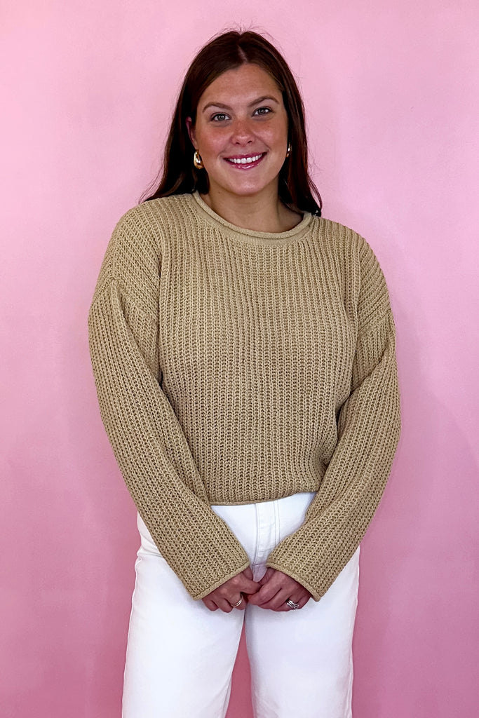 Taupe rolled neck sweater cropped