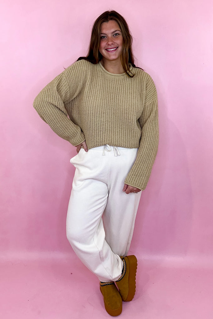 Taupe rolled neck sweater cropped