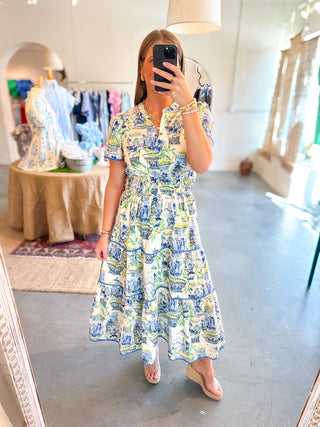 Chinoiserie Charm Ruffle Dress Blue