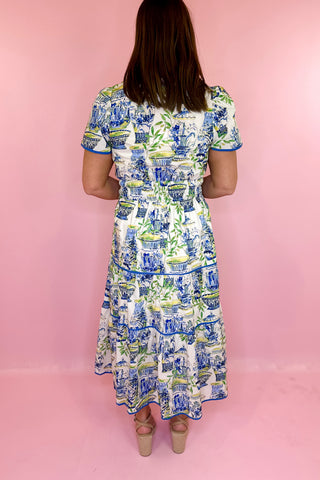 Chinoiserie Charm Ruffle Dress Blue