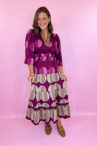 Coffee & Conversation Polka Dot Midi Dress Burgundy