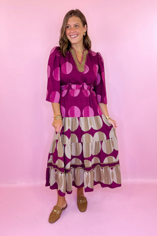 Coffee & Conversation Polka Dot Midi Dress Burgundy