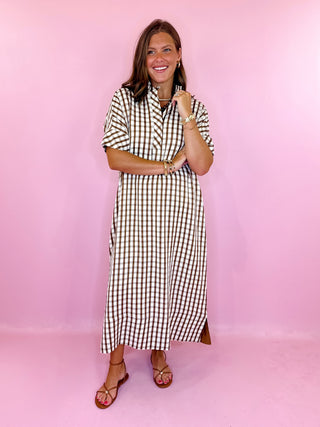 Gingham Midi Dress Brown