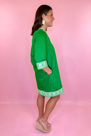 Embroidered Mini Dress Green and white